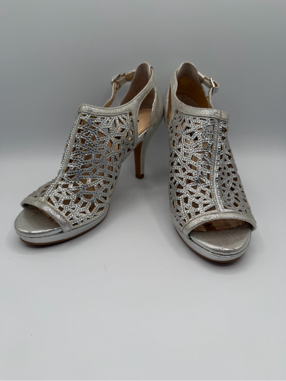 Alex Marie Silver Laser-Cut Open-Toe Heels